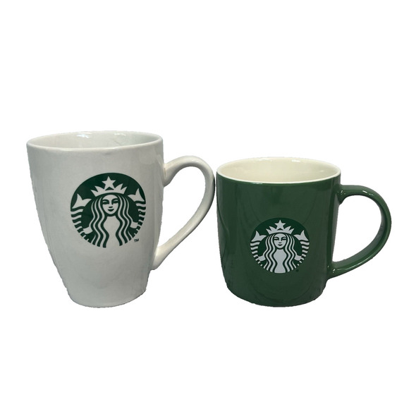 Set of 2 Green & White Starbucks Coffee Tea Mugs 11 fl oz. & 16fl oz - Picture 1 of 7